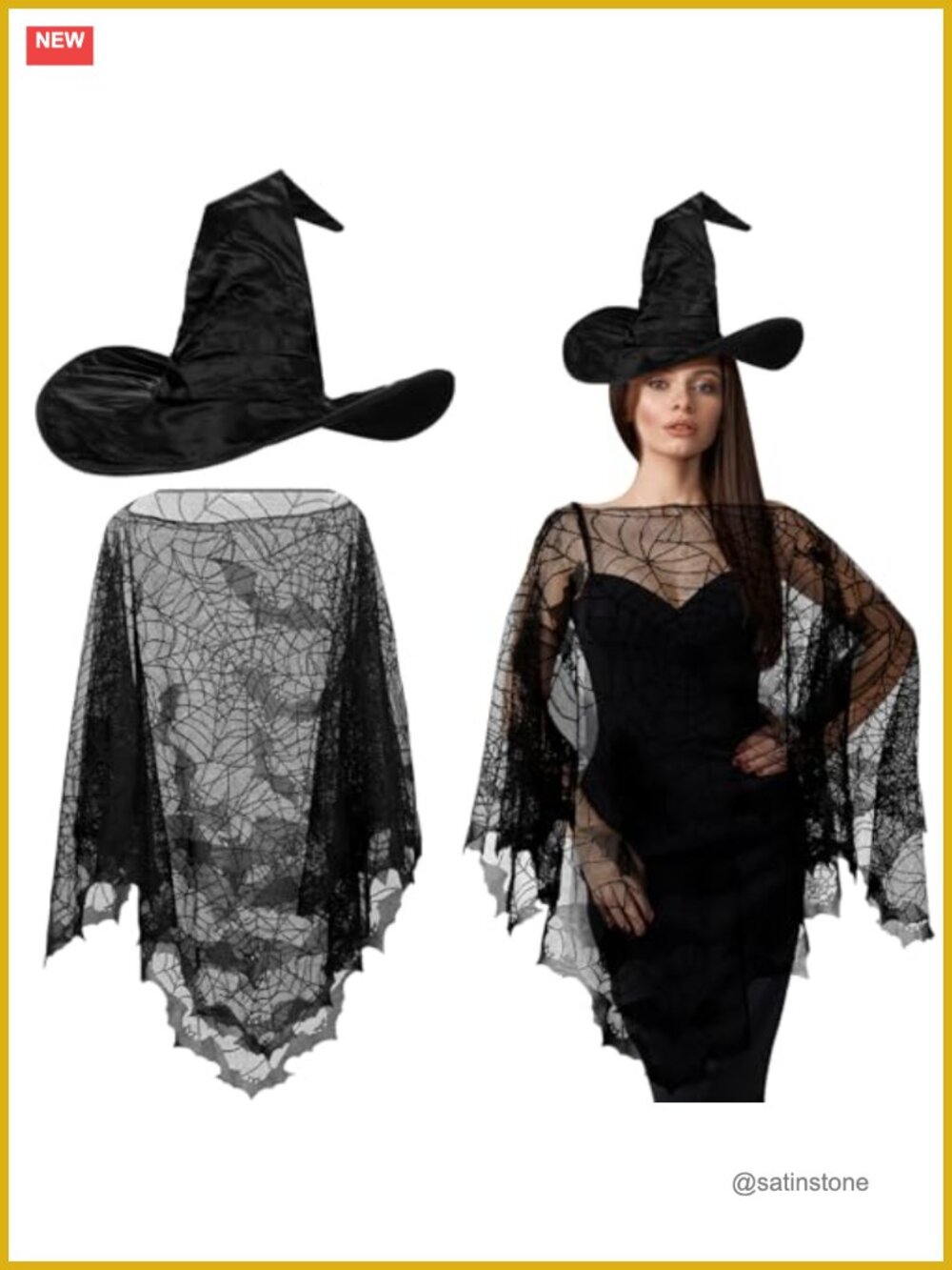 Witch Costume Set Hat Spider Web Cape Poncho Halloween Cosplay